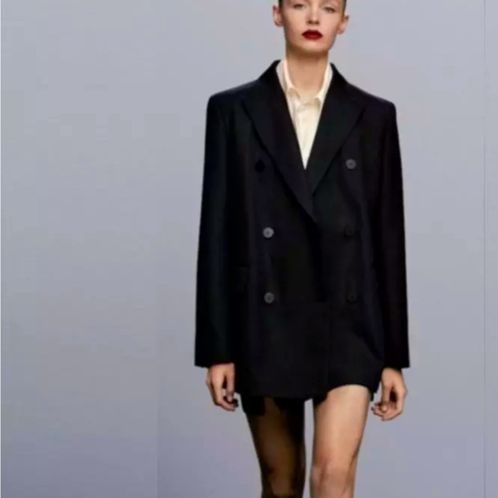 Massimo Dutti Long Line Double Breasted Black Blazer Limited Edition Size 10
